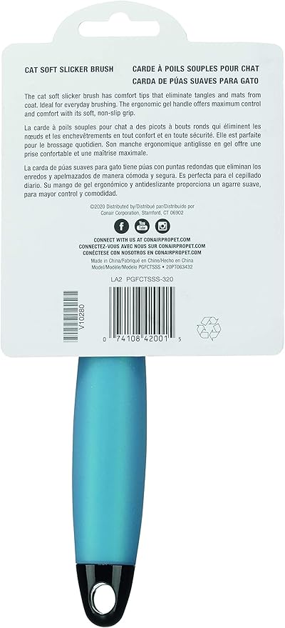 CONAIRPRO Dog & Cat Cat Soft Slicker Brush, Cat Brush for Shedding, Removes Tangles, Mats & Loose Hair, Soft Coated Pins for Gentle Brushing, Memory Gel Grip Handle,Blue