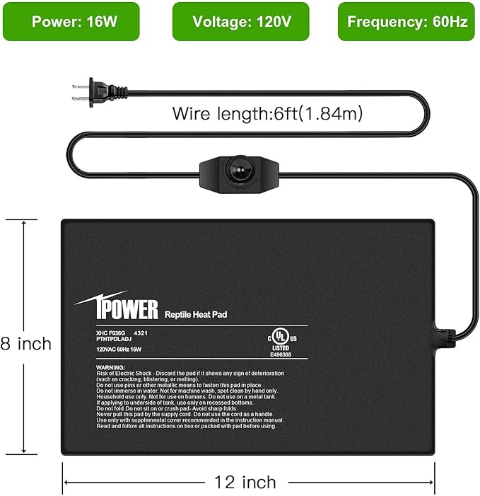 iPower 8 by 12-Inch 16 Watts Reptile Heating Mat with Temperature Controller Under Tank Warmer Terrarium Heat Pad for Reptiles and Amphibians, Black