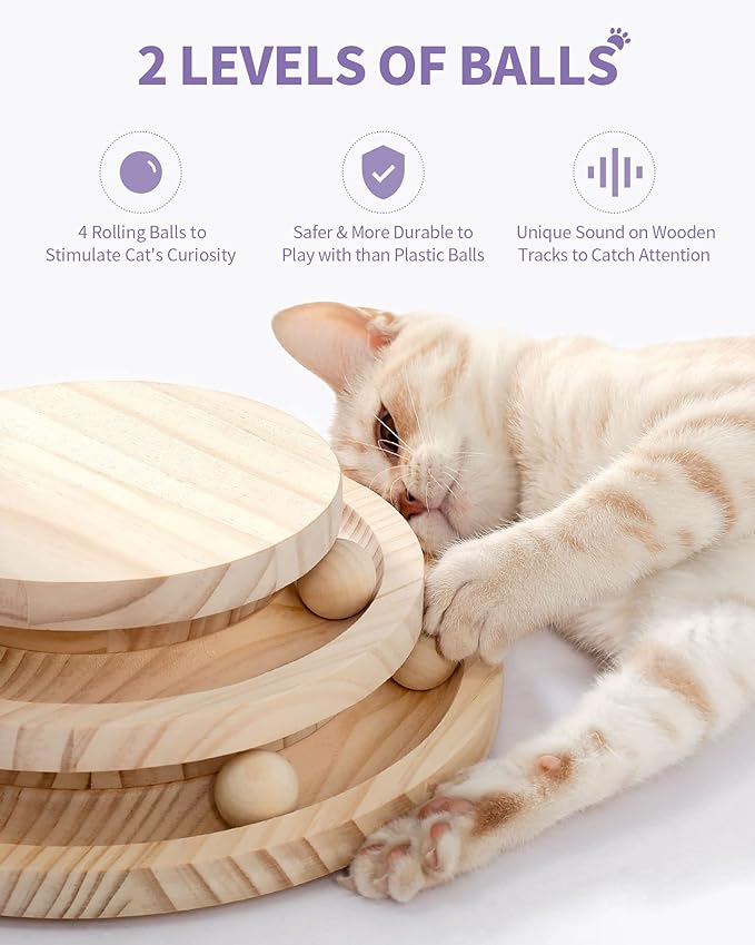 Made4Pets Cat Scratching Post Cat Scratcher Kitten Toys for Indoor Cats Wooden Ball Track Two-Layer Modern Sisal 17.7" Tall Scratch Post Interactive Toy with Dangling Ball