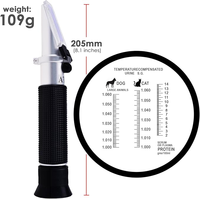 Clinical Refractometer with ATC, Tri-Scale Serum Plasma Protein Test 2-14g/dl Urine Specific Gravity 1.000-1.060SG, for Veterinary Vet Cat Dog Pets