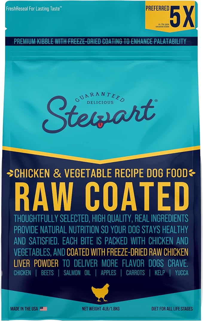 Stewart Dog Food, Raw Coated Chicken & Vegetable Recipe, 4 lb. Bag, Probiotics for Dogs, Made in USA, Chicken Dog Food, Products for Dogs