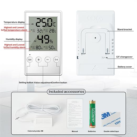 Reptile Terrarium Hygrometer Thermometer with in/Out Temperature Humidity Alarm, Digital Thermometer and Humidity Gauge with Probe for Reptile Tanks Humidor Incubator Greenhouse (AL5-2PCS)