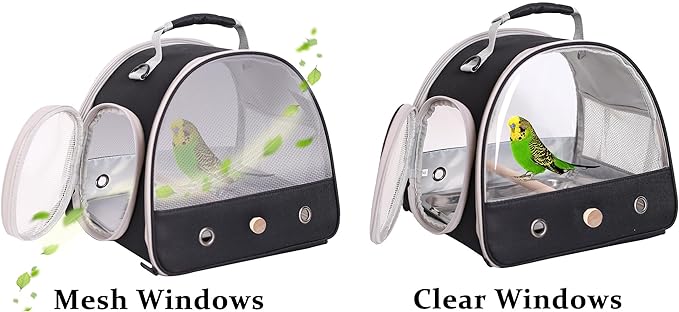 Bird Carrier, Portable Small Bird Parrot Parakeet Carrier with Standing Perch (No Tray), Side Access Window Collapsible (Black, Mesh Windows)