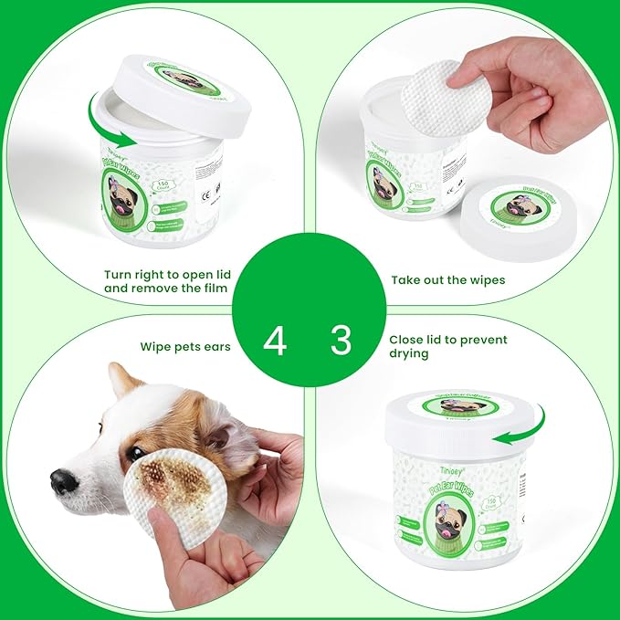 Dog Ear Wipes for Dogs (150 PCS-Extra Large) | Plant-Based Cat Dog Ear Cleaner Wipes Cleaning Solution to Remove Dirt and Ear Wax, Relieve Itching, Shaking Head & Inflammation