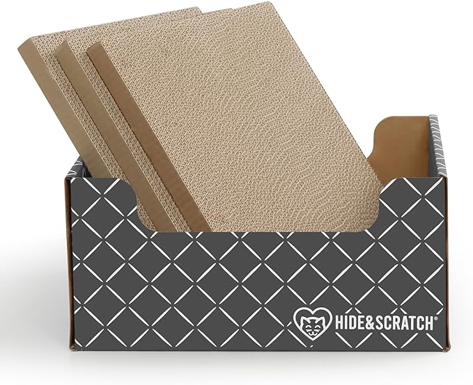 Hide & Scratch: Extra-Large Heavy Duty Cardboard Cat Scratcher and Lounger Box with Refillable Scratch Pad (Dark Grey 4PC)