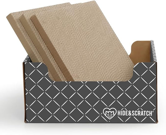 Hide & Scratch: Extra-Large Heavy Duty Cardboard Cat Scratcher and Lounger Box with Refillable Scratch Pad (Dark Grey 4PC)