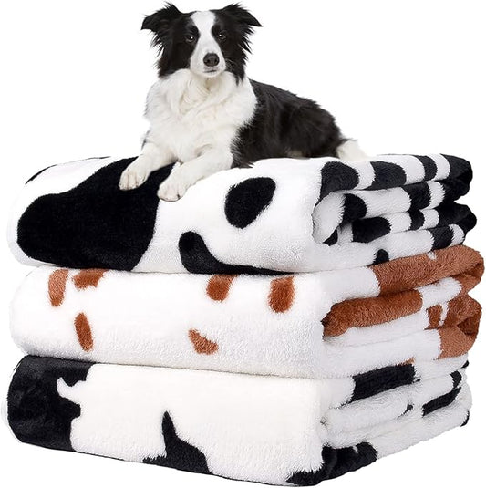 Dog Blankets for Largel Dogs,3 Pack Dog Cat Soft Fuzzy Blankets Washable,Comfort Flannel Cow Print,Fuzzy Soft Pet Mat Blankets,Pet Blanket,Reversible Print,42x32 inch Brown White Cow Print.