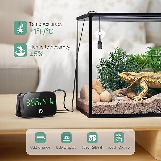 Reptile Thermometer Hygrometer, LED Digital Terrarium Thermometer and Humidity Gauge Snake Tank Accessories with USB Charging for Bearded Dragon, Tortoise, Reptile Tank, (Include 31.5'' Cable)