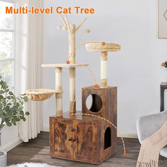 Litter Box Enclosure with Cat Tree, Wooden Cat House with Cat Tree Tower, Hidden Cat Litter Box Furniture with Scratching Post, Modern Cat Condo, Rustic Brown