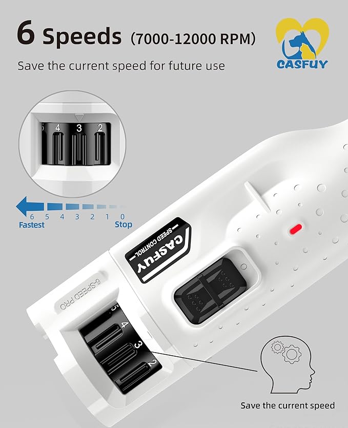 Casfuy Dog Nail Grinder Quiet - (45db) 6-Speed Pet Nail Grinder with 2 LED Lights for Large Medium Small Puppy Dogs/Cats, Professional 3 Ports Rechargeable Electric Dog Nail Trimmer with Dust Cap