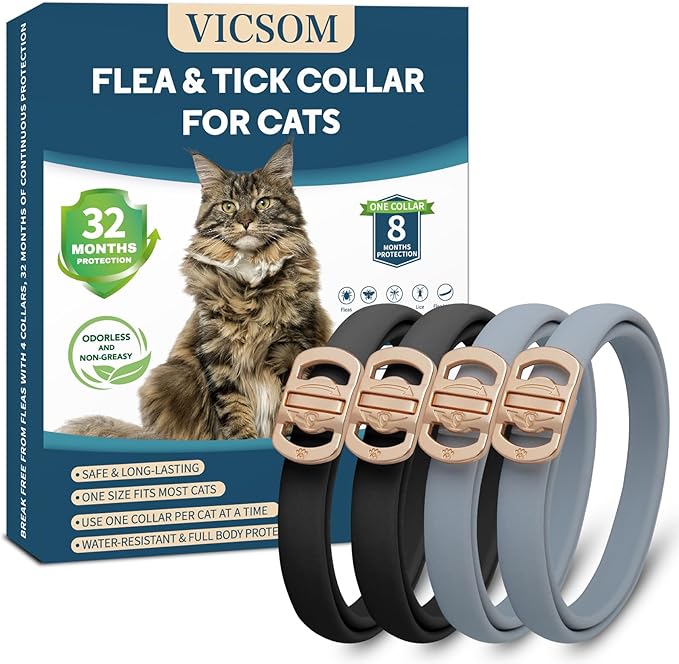 Flea Collar for Cats, 4 Pack Cat Flea and Tick Collar 32 Months Cat Flea and Tick Prevention Collars, Waterproof Adjustable Cats Flea Collar Kitten, Tick and Flea Treatment Collar for Cat, Black Grey