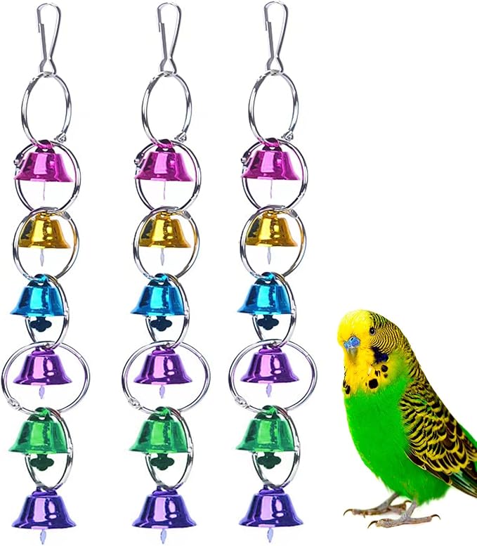 3 Pack Bird Bells Toy Chewing Hanging Ring Toy Cage Bite for Pet Budgie Parakeet Cockatiel Conure Macaw African Grey Eclectus Cockatoo Finches Lovebird Quaker Parrot Finch Canary