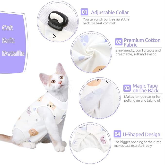 SUNFURA Cat Recovery Suit, Kitten Surgical Full Bodysuit for Abdominal Wound Protector Anti Licking After Surgery, Professional Bandages Cone E-Collar Alternative for Small Male & Female Pets