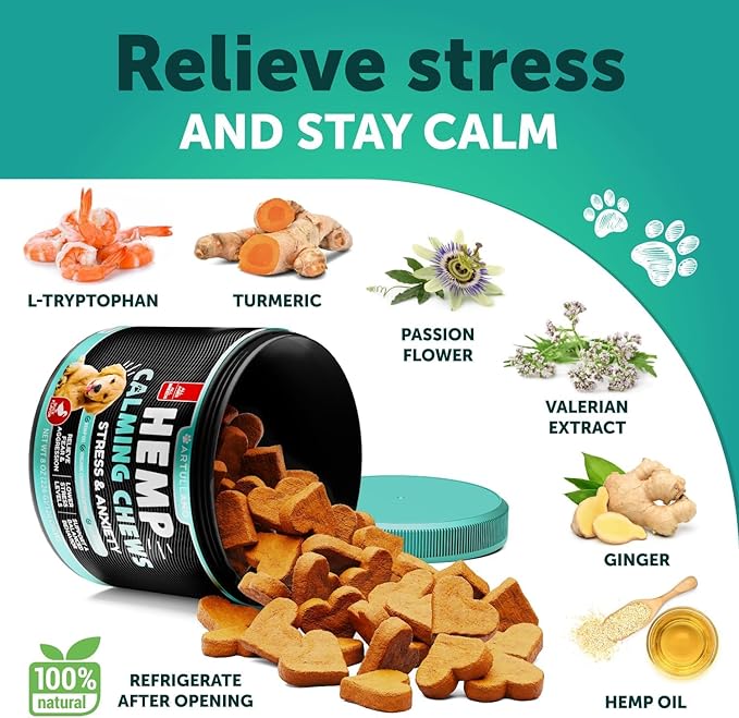 Hemp Calming Chews for Dogs - Advanced Dog Calming Chews - Anxiety Relief Treats - Dog Anxiety Relief Health - Sleep Aid - Hemp Oil - Hip and Joint Support Supplement - Made in USA - 120 Chews