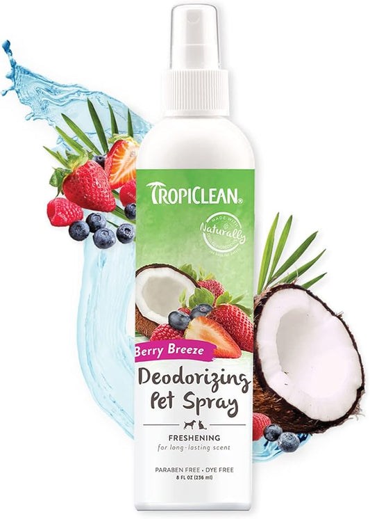 TropiClean Berry Breeze Dog Perfume Spray Long Lasting | Naturally Derived Odor Removing Dog Deodorizing Spray | Cat Friendly | Made in USA | 8 oz.