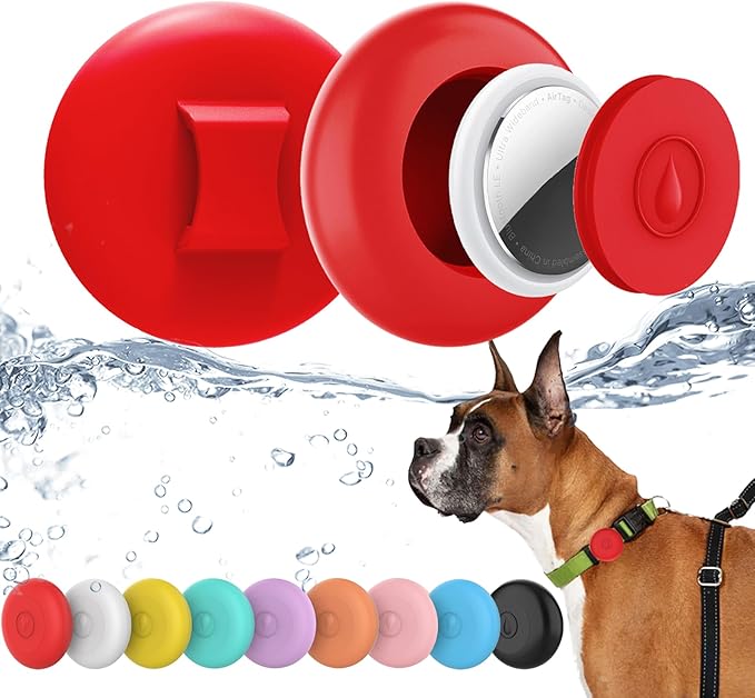 IPX8 Waterproof AirTag Dog Collar Holder, Hidden Air Tag Case for Cat Collar, Anti-Lost Silicone Cover for AirTag GPS Tracker Compatible with Pets Loop, Fits All Width Collars(Red S)