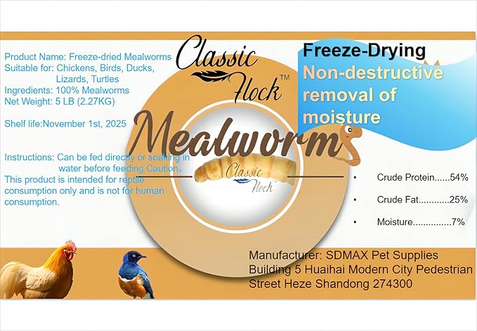 5lb Freeze-Drying Mealworms – High Protein, Pure Natural, Delicious - Ideal for Chickens, Birds, Ducks, Lizards, Turtles, Fish, and Reptiles, 5lb Meal Worms