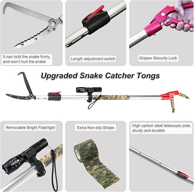 60 inch Heavy Duty Snake Tongs with Telescopic Pole Reptile Grabber Catcher Wide Jaw Handling Tool, Extra Flashlight & Non-slip Straps Included