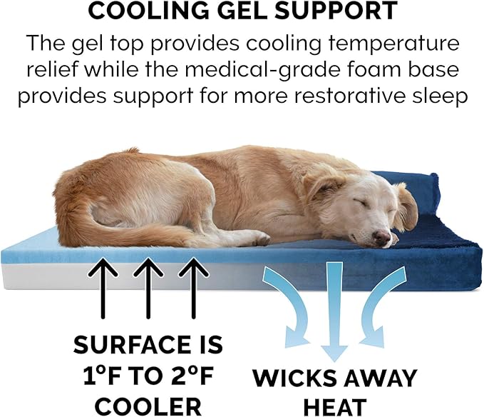 Furhaven Cooling Gel Dog Bed for Large/Medium Dogs w/ Removable Bolsters & Washable Cover, For Dogs Up to 55 lbs - Plush & Velvet L Shaped Chaise - Deep Sapphire, Large