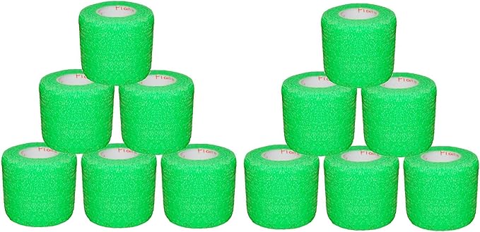 2 Inch Vet Wrap Tape Bulk (Neon Green) (Pack of 12) Self Adhesive Adherent Adhering Flex Bandage Grip Roll for Dog Cat Pet Horse