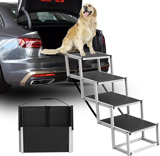 Dog Stairs for Large Dogs - 4 Step Foldable Dog Ramp for Car Non-Slip Surface Support up to 230lbs - Suitable for Small SUV, Sofas, Beds