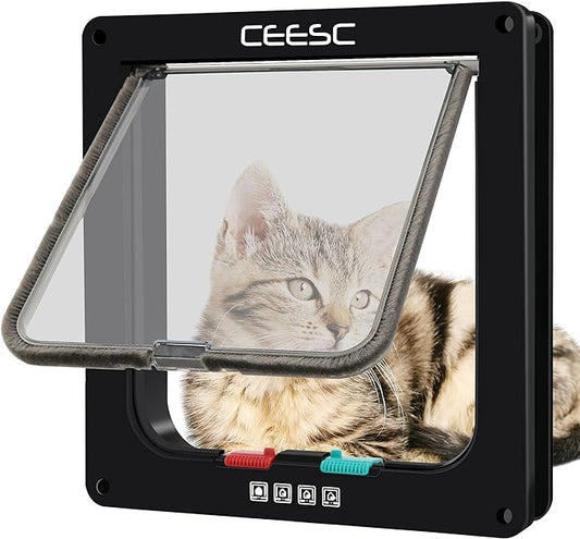 CEESC Cat Flap Door Magnetic Pet Door with 4 Way Lock for Cats, Kitties and Kittens, 2 Sizes and 2 Colors Options (L- Inner size: 7.08"(W) x 7.48"(H), Black)