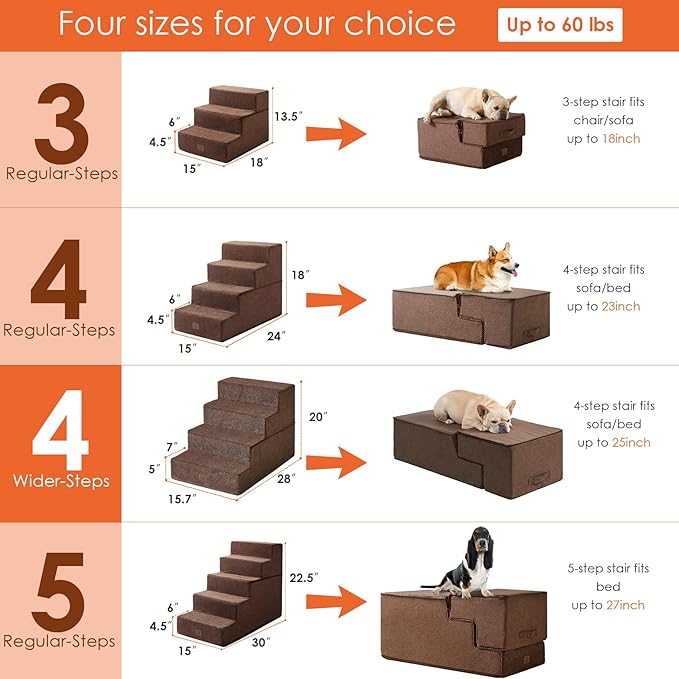 EHEYCIGA Dog Stairs for Bed 20”H, 4-Step Extra Wide Dog Steps for High Bed, Pet Steps for Small Dogs and Cats, Non-Slip Balanced Dog Indoor Ramp, Brown