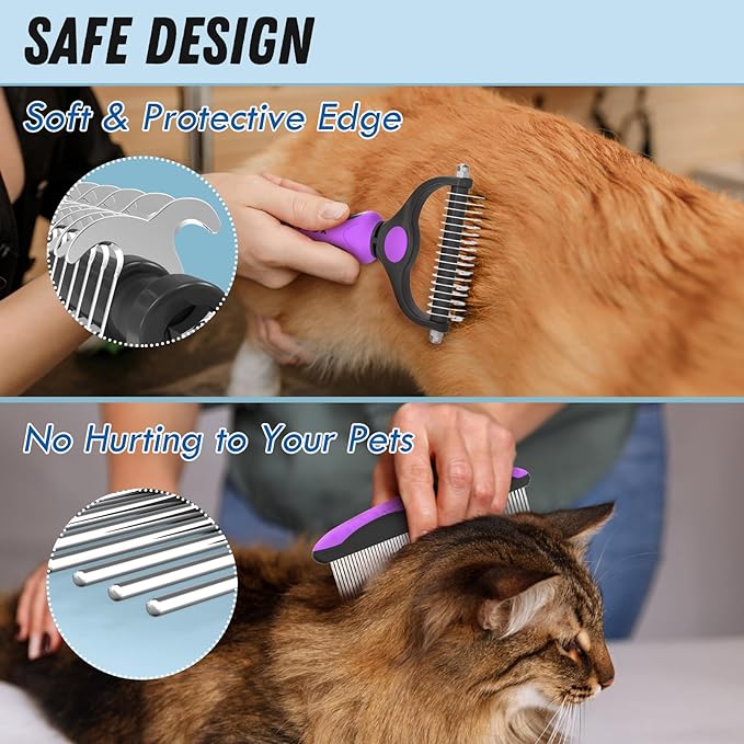 Pet Grooming Brush and Metal Comb Combo, Cat Brush Dog Brush for Shedding, Undercoat Rake for Dogs Grooming, Dematting Deshedding Brush Dogs Shedding Tool for Long matted Haired Pets, Purple