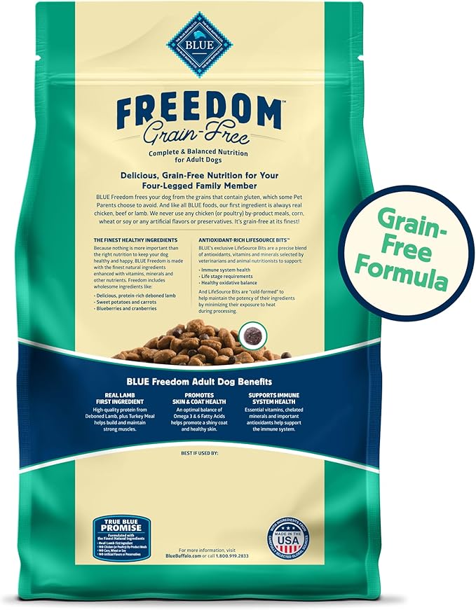 Blue Buffalo Freedom Grain-Free Dry Dog Food, Complete & Balanced Nutrition for Adult Dogs, Made in the USA With Natural Ingredients, Lamb & Potatoes, 11-lb. Bag