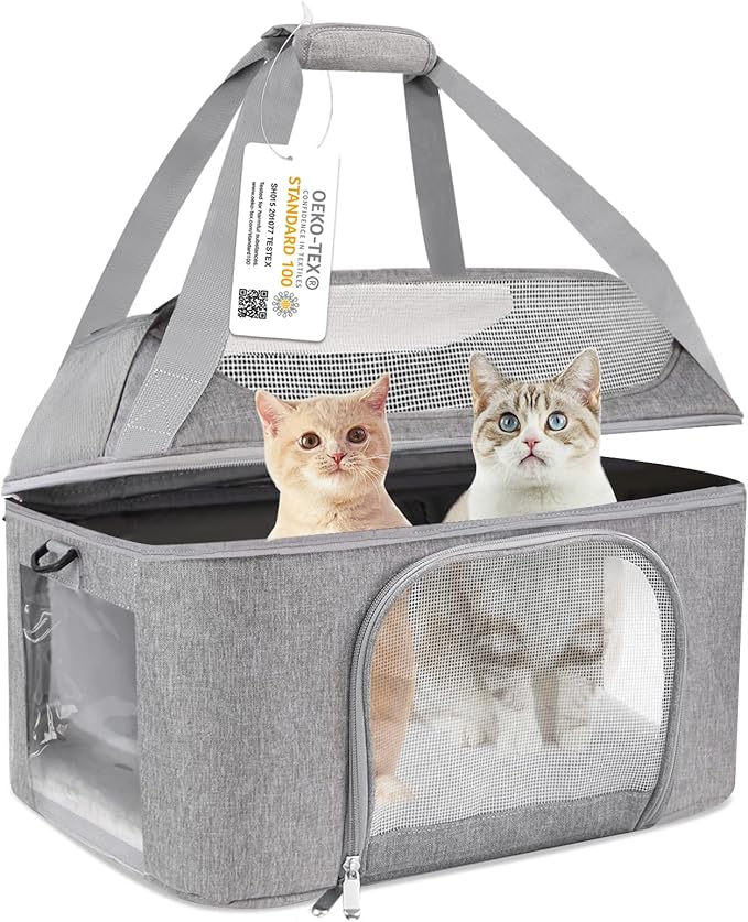 Large Cat Carrier for 2 Cats, Oeko-TEX Certified Soft Side Pet Carrier for Cat, Small Dog, Collapsible Travel Small Dog Carrier, TSA Airline Approved Cat Carrier for Kitten Cats 20 lbs-Gray