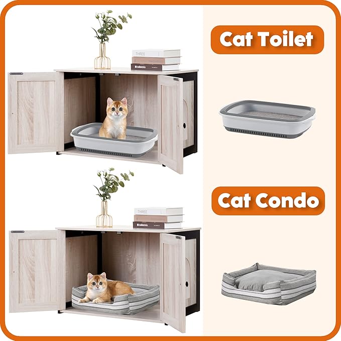 DWANTON Litter Box Enclosure, Cat Litter Box Furniture Hidden, Reversible Entrance Can Be on Left or Right Side, Wooden Cat Washroom Indoor, Fit Most of Litter Box, Beige