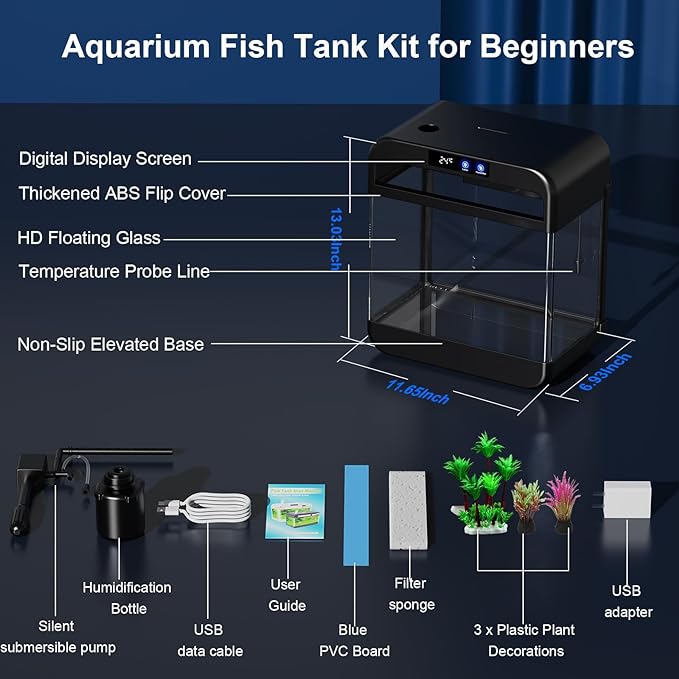 Fish Tank Aquarium 2.2 Gallon with Humidifier 7 Color Looping Light with Timer Self-Cleaning 3 in 1 Water Pump with Filteration & Oxygenation & Circulation, Temperature Display, HD Heat Bending Glass