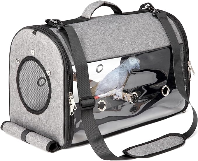 Lightweight Bird Parrot Carrier Travel Bag with Perch Stand, Waterproof Pads, for Parakeets Cockatiels Conures Finches Love Birds Small Medium Birds - Gray