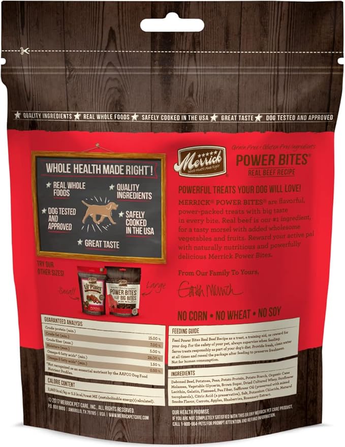 Merrick Power Bites Natural Soft And Chewy Real Meat Dog Treats, Grain Free Snack With Real Beef Recipe - 6 oz. Bag