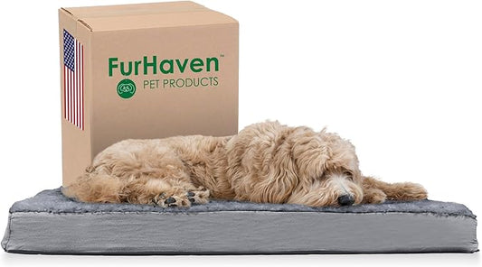 Furhaven Cooling Gel Dog Bed for Large/Medium Dogs w/ Removable Washable Cover, For Dogs Up to 55 lbs - Ultra Plush Faux Fur & Suede Mattress - Gray, Large