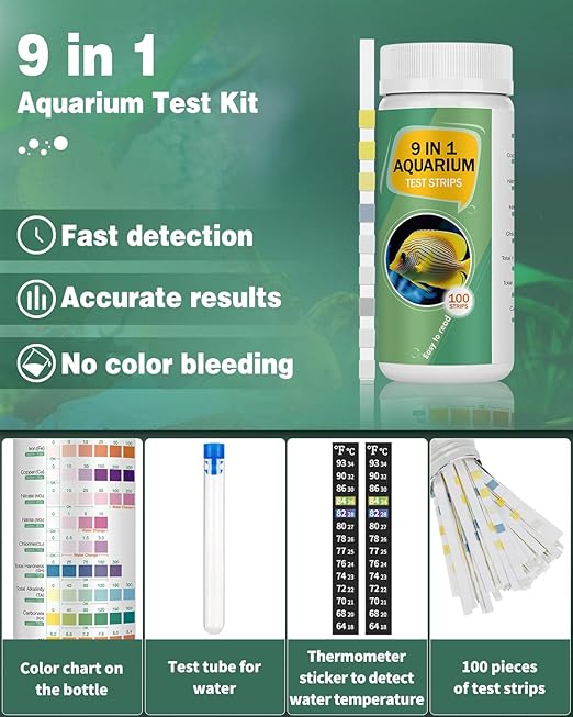 Pawfly 9 in 1 Aquarium Test Kit, Fish Tank Test Strips for pH Chlorine Nitrate Nitrite Carbonate Hardness Total Alkalinity Iron Copper, Freshwater Saltwater Test Kit