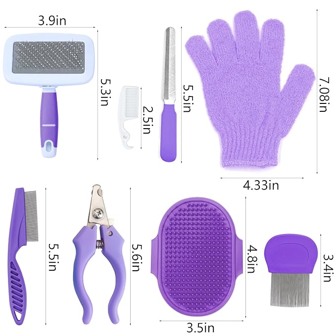 8 Pcs Small Animal Pink Grooming Kit, Rabbit Grooming Kit with Pet Nail Clipper and File, Flea Comb, Pet Shampoo Bath Brush , Pet Shedding Slicker Brush, Bath Massage Glove, Cleaning Comb