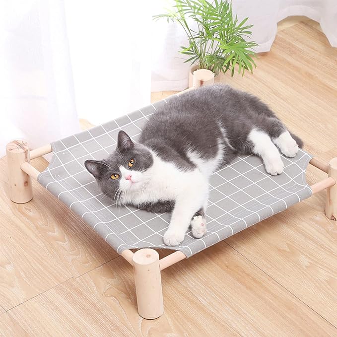 Pozico Cat/Dog Bed Hammock Cat Bed, Wooden Dog Elevated Indoor Outdoor Beds, Raised Cat Cots Furniture Pet Bed Puppy Bed Portable Breathable Mesh Cat Beds for Small Animals-Grey Grid