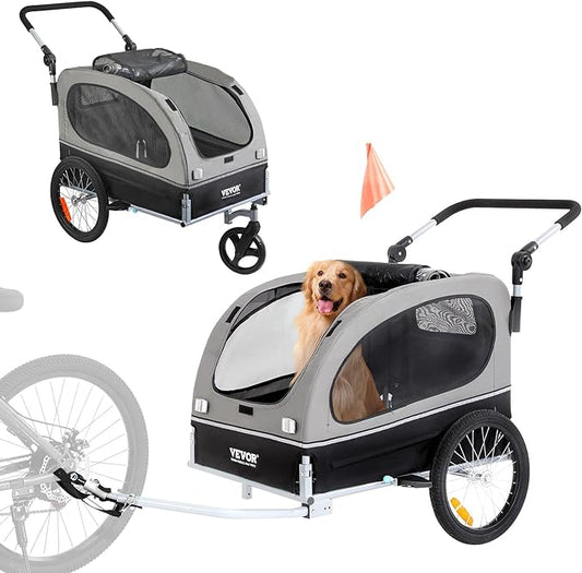 VEVOR Dog Bike Trailer, Supports up to 66/88/100 lbs, 2-in-1 Pet Stroller Cart Bicycle Carrier, Easy Folding Cart Frame with Quick Release Wheels, Universal Bicycle Coupler, Reflectors, Flag