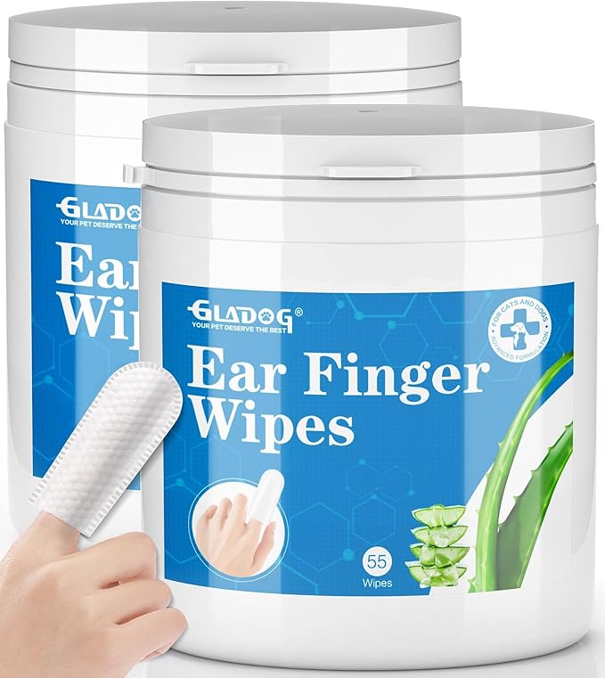 GLADOG Dog Ear Cleaner Finger Wipes 110 Counts, Ear Finger Wipes for Dogs Cats, Gently Removes Dirt & Odor, Dissolves Wax Build-Up, Easy to Use, Ear Cleaning Finger Wipes for Dogs, Natural Ingredients