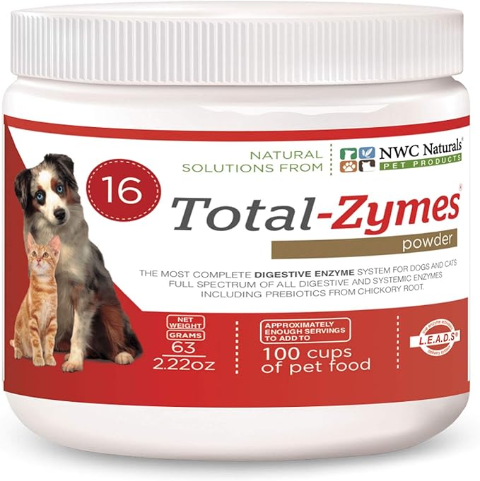 Total-Zymes Digestive Enzyme Powder for Dogs and Cats, With Pre-Biotics, Puppy and Kitten Enzymes, Immune, Digestive, Joint, and Healthy Weight Support 2.22-ounce Jar by NWC Naturals (14605)