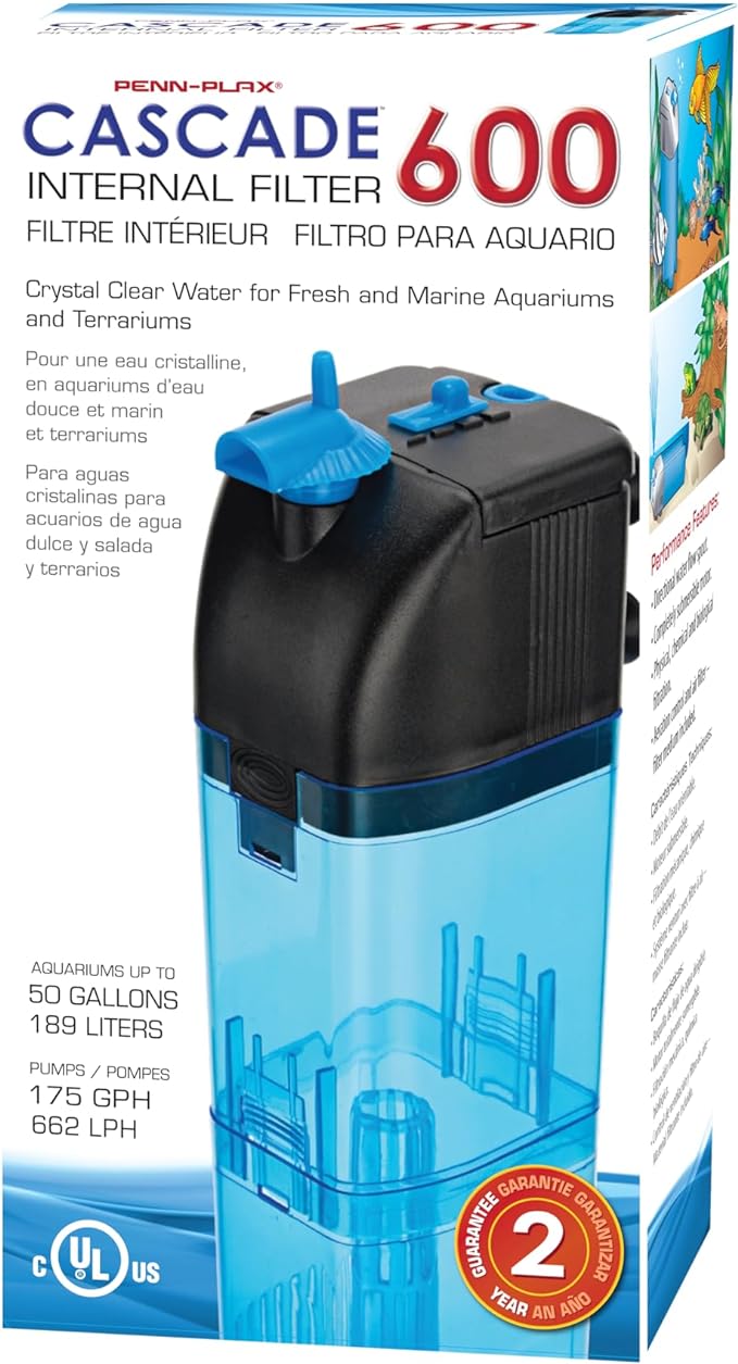 Penn-Plax Cascade 600 Fully Submersible Internal Filter – Provides Physical, Biological, and Chemical Filtration for Aquariums and Turtle Tanks