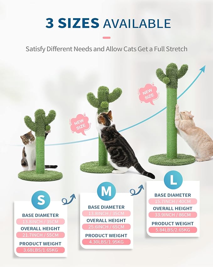 Made4Pets Cat Scratching Post, 25.6" Cactus Cat Scratcher Kitten Scratch Post with Sisal Rope for Indoor Cats Claw Scratcher, Vertical Green Cat Tree with Dangling Ball for Kitties Medium