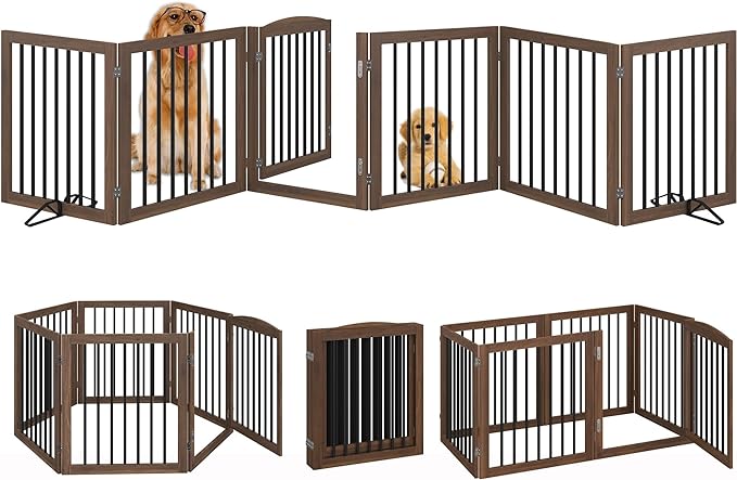 Folding Pet Gate 144" Wide, 30" Tall No-Assembly Wooden Dog Gate with Door Walk Through, Freestanding Pet Gate, Puppy Safety Fence, with 2PCS Support - Brown