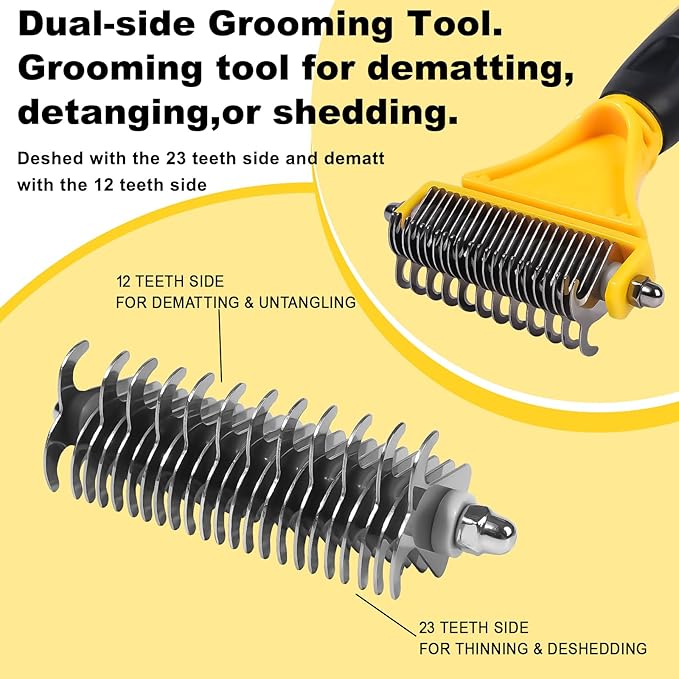 Pet Grooming Brush, Double Sided Undercoat Rake for Dogs & Cats, Professional Deshedding Brush and Dematting Tool, Safe and Effective Removing Knots, Mats, Tangles,and Flying Hair