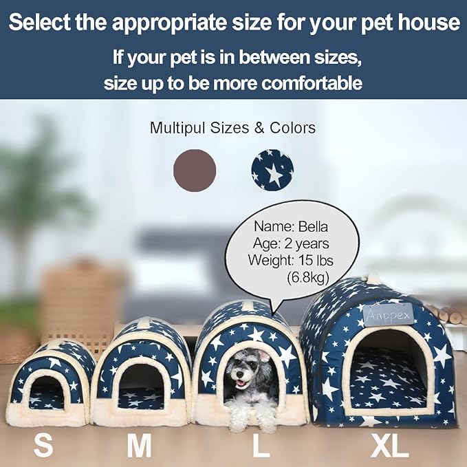 ANPPEX Small Dog House Indoor,2 in 1 Washable Covered Dog Cat Bed,Insulated Cozy Pet Dog Igloo Cave,S Size for Cats,Puppies,Rabbits and Small Animals,Blue