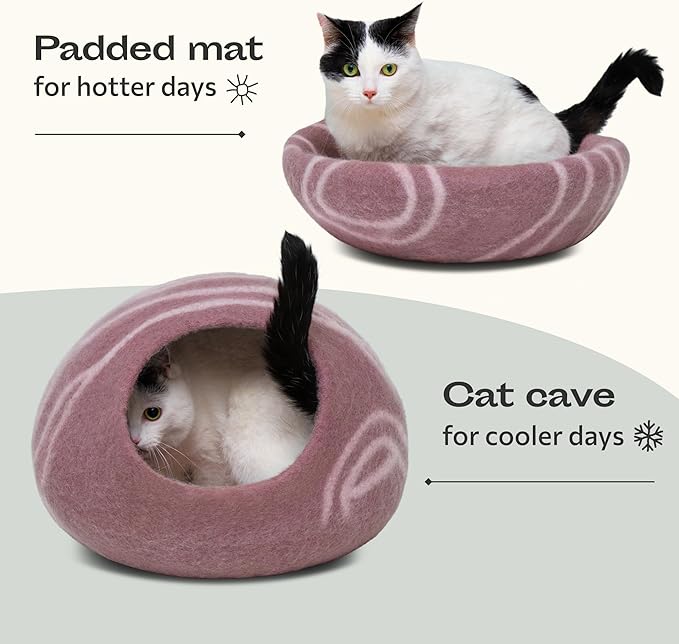 MEOWFIA Premium Felt Cat Bed Cave - Handmade 100% Merino Wool Bed for Cats and Kittens (Light Shades) (Medium, Pink)