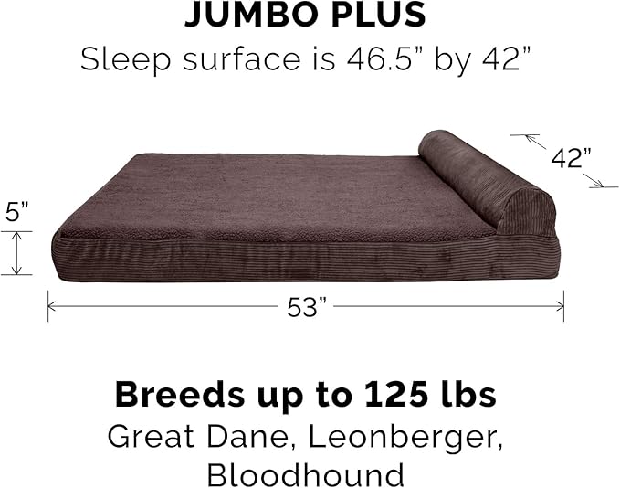 Furhaven Orthopedic Dog Bed for Large Dogs w/ Removable Bolster & Washable Cover, For Dogs Up to 125 lbs - Fleece & Corduroy Bolster Chaise - Dark Espresso, Jumbo Plus/XXL