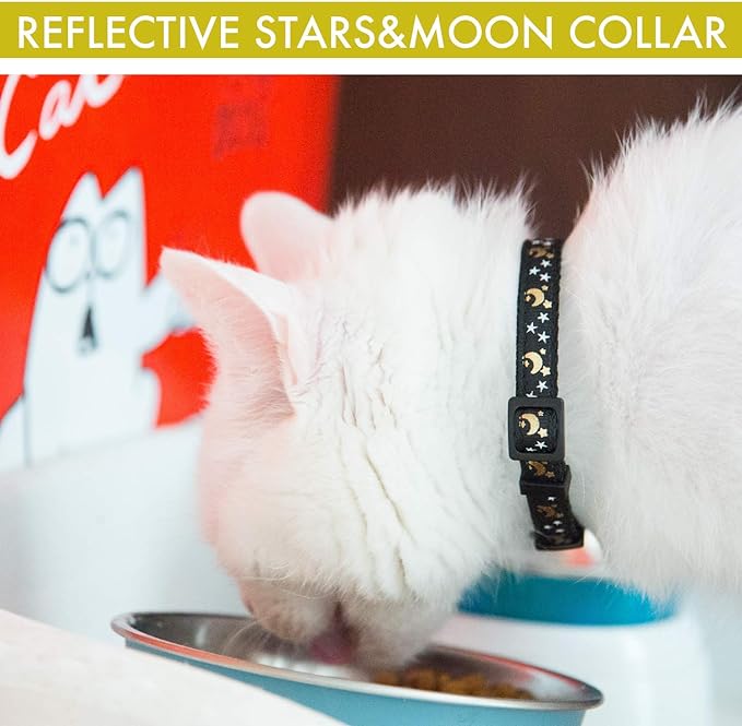 Upgraded Version - Cat Collar Stars and Moon, 4-Pack, Reflective with Bell, Solid & Safe , Nylon, Pet Collar, Breakaway Cat Collar, Free Replacement