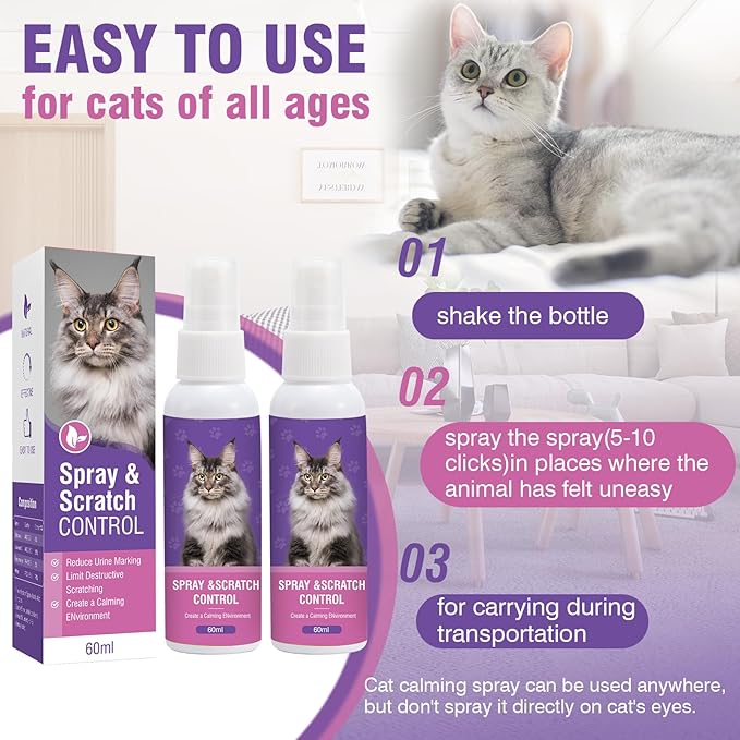 Cat Calming Spray 2Pack Cat Pheromone Spray - Quickly Relieve Stress Reduces Scratching Furniture Peeing Helps Relieve Scratching Marking Anxiety Supports Relief for Fireworks,Travel,Vet Visits 120ml